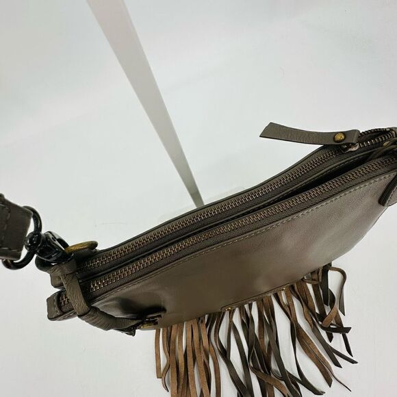 Lucky Brand Leather Fringe Crossbody Bag Gray Western Hippie Boho 3 Section - Picture 4 of 12
